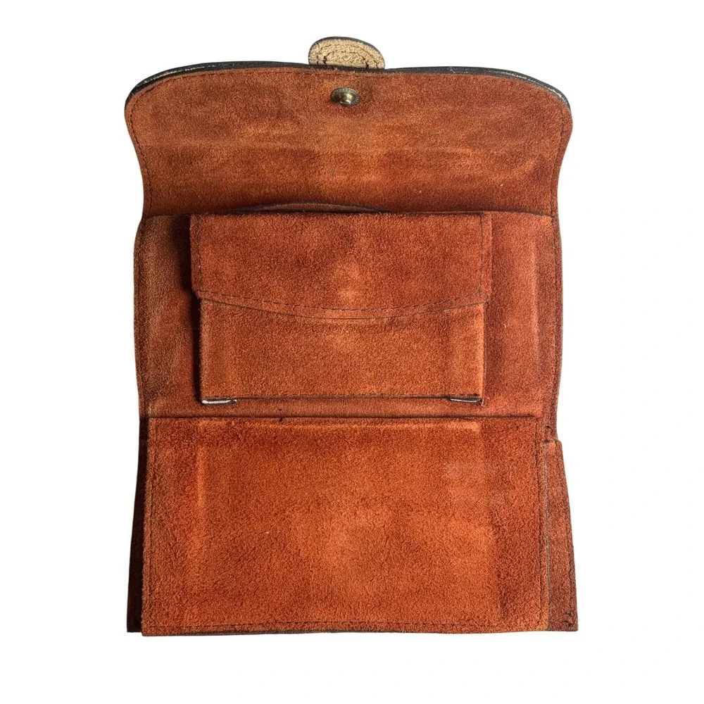 Vintage 70s Tan Genuine Leather Wallet Clutch Boho Western Pebble‎ Grain Tan